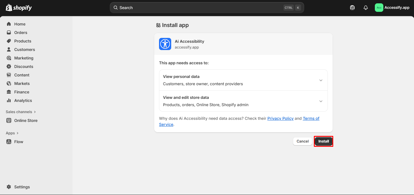 Accessify installation screen Shopify 