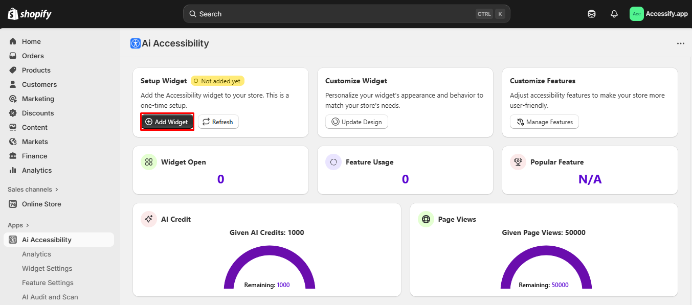 Addition of Accessify widget from dashboard 