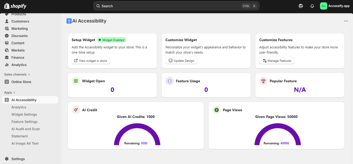 Shopify dashboard Accessify 