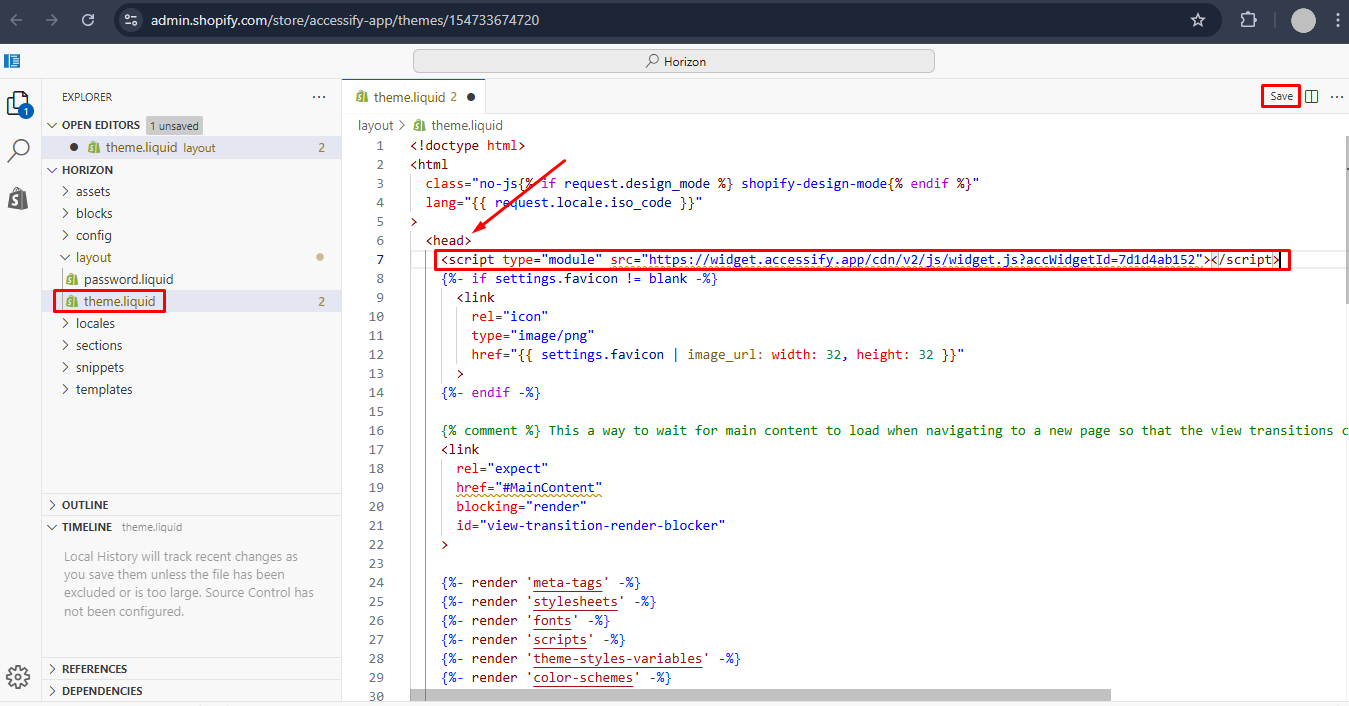 Pasting of Accessify code in theme.liquid file