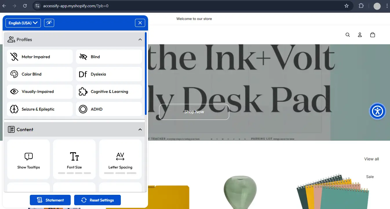 Screenshot of a Shopify storefront with the Accessify accessibility widget panel open on the left, showing profile options like Motor Impaired, Blind, Dyslexia, ADHD, and tools for font size and letter spacing, with the store homepage visible in the background.