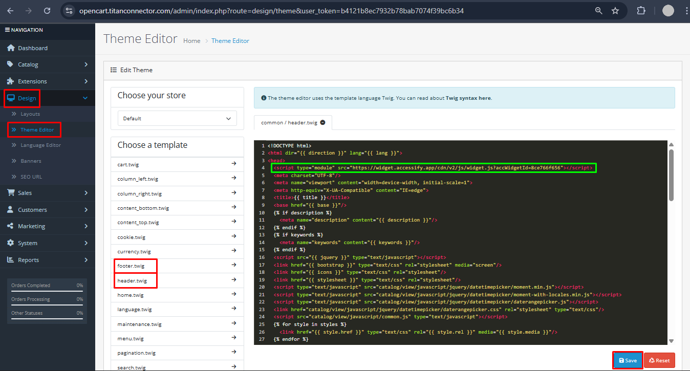 Pasting of accessify code in header.twig file