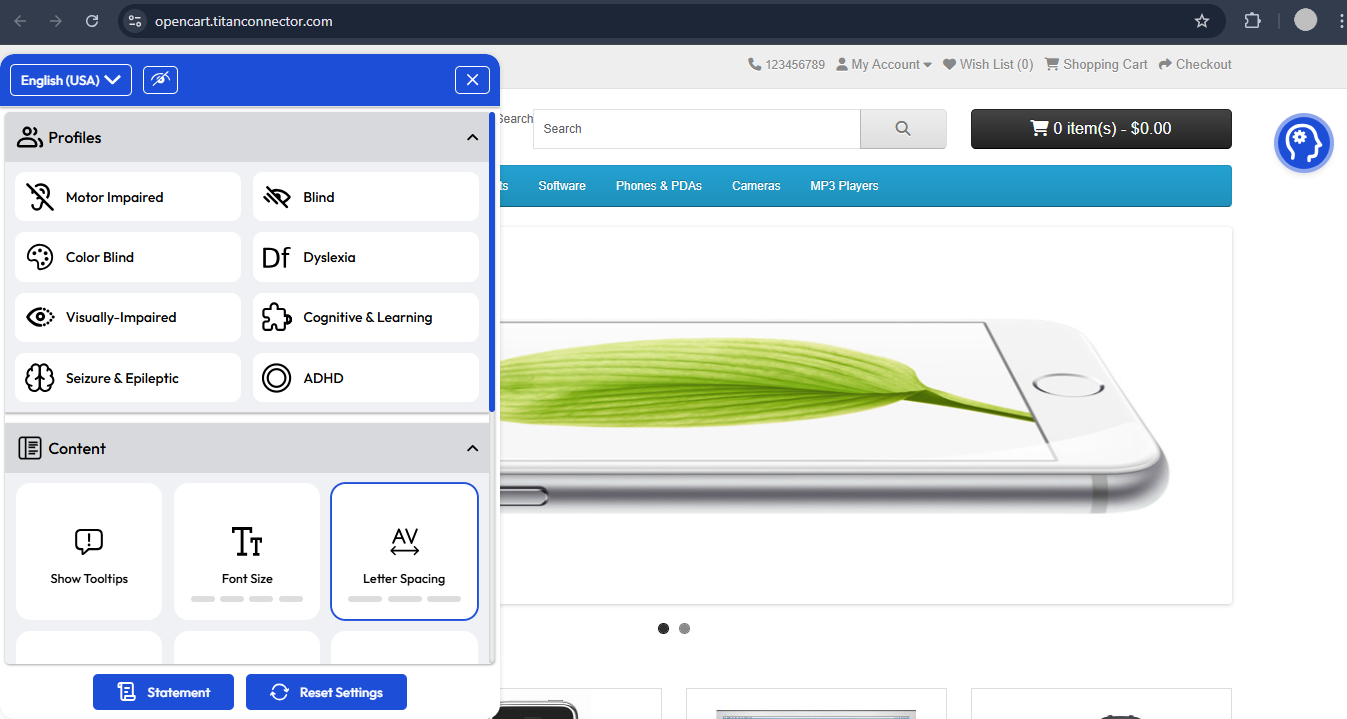 Accessify widget display on Opencart site
