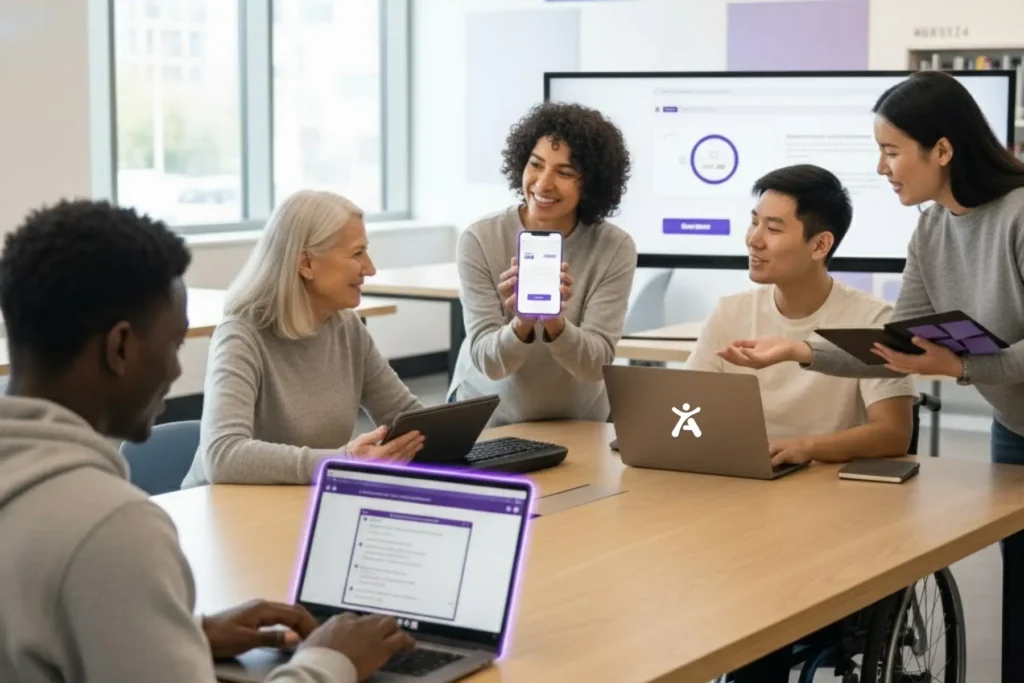 A diverse group including a Black man, an older white woman, and Asian individuals collaborate around laptops, tablets, and phones at a wheelchair-accessible table, brainstorming inclusive digital design that is accessible for all in an office.
