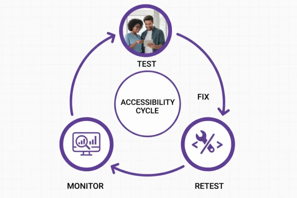 A purple triangular diagram illustrates an accessibility cycle with test, fix, monitor, and retest phases linked by arrows around the central “Accessibility Cycle” hub, with diverse professionals reviewing screens, ensuring websites remain accessible for all.
