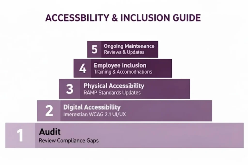 The purple pyramid diagram titled “Accessibility & Inclusion Guide” shows five layers: base Audit compliance gaps, Digital Accessibility WCAG 2.1/UX, RAMP Standards, Employee training & accommodations, and top Ongoing maintenance, ensuring accessibility compliance systematically.