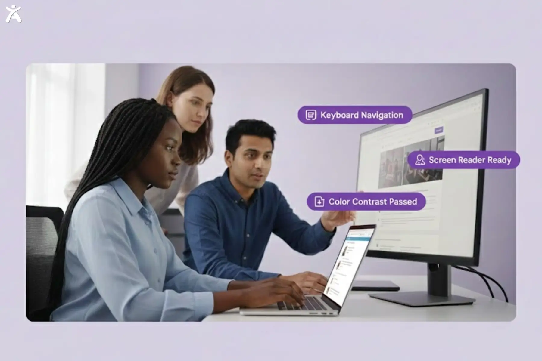 A team, having a black woman, white woman, and Indian man, review websites on large monitors and laptops, highlighting keyboard navigation, screen reader readiness, and color contrast to check web accessibility in a collaborative office environment.