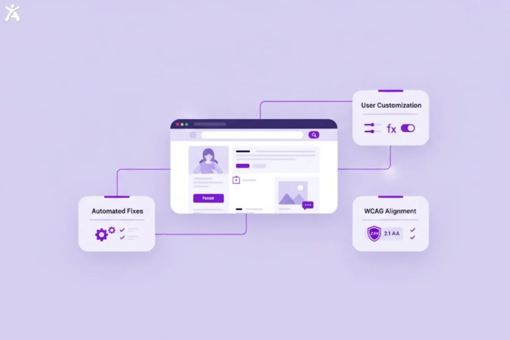 Purple-toned interface displays a website profile with user photo, chat, and customization options linked to automated fixes checkmark and WCAG alignment shield, letting users check web accessibility through streamlined testing and compliance tools.

