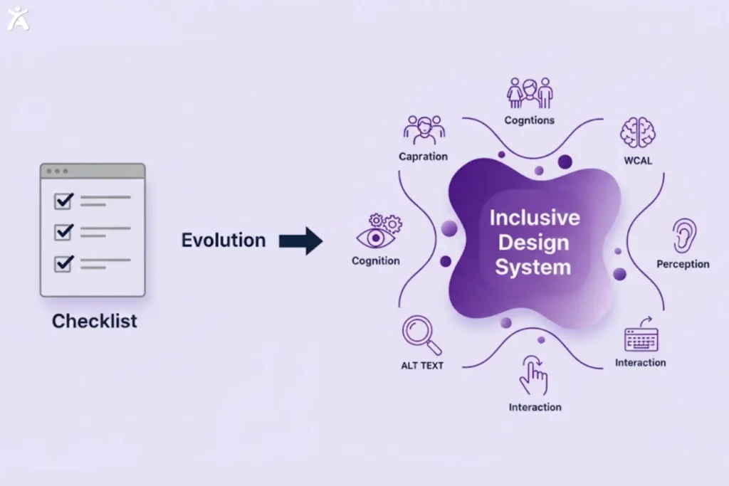 Graphic shows a checklist evolving into an inclusive design system, with accessibility elements like cognition, captions, WCAG, perception, interaction, and alt text surrounding the core, illustrating how web accessibility expands from basic checks to a holistic design approach.