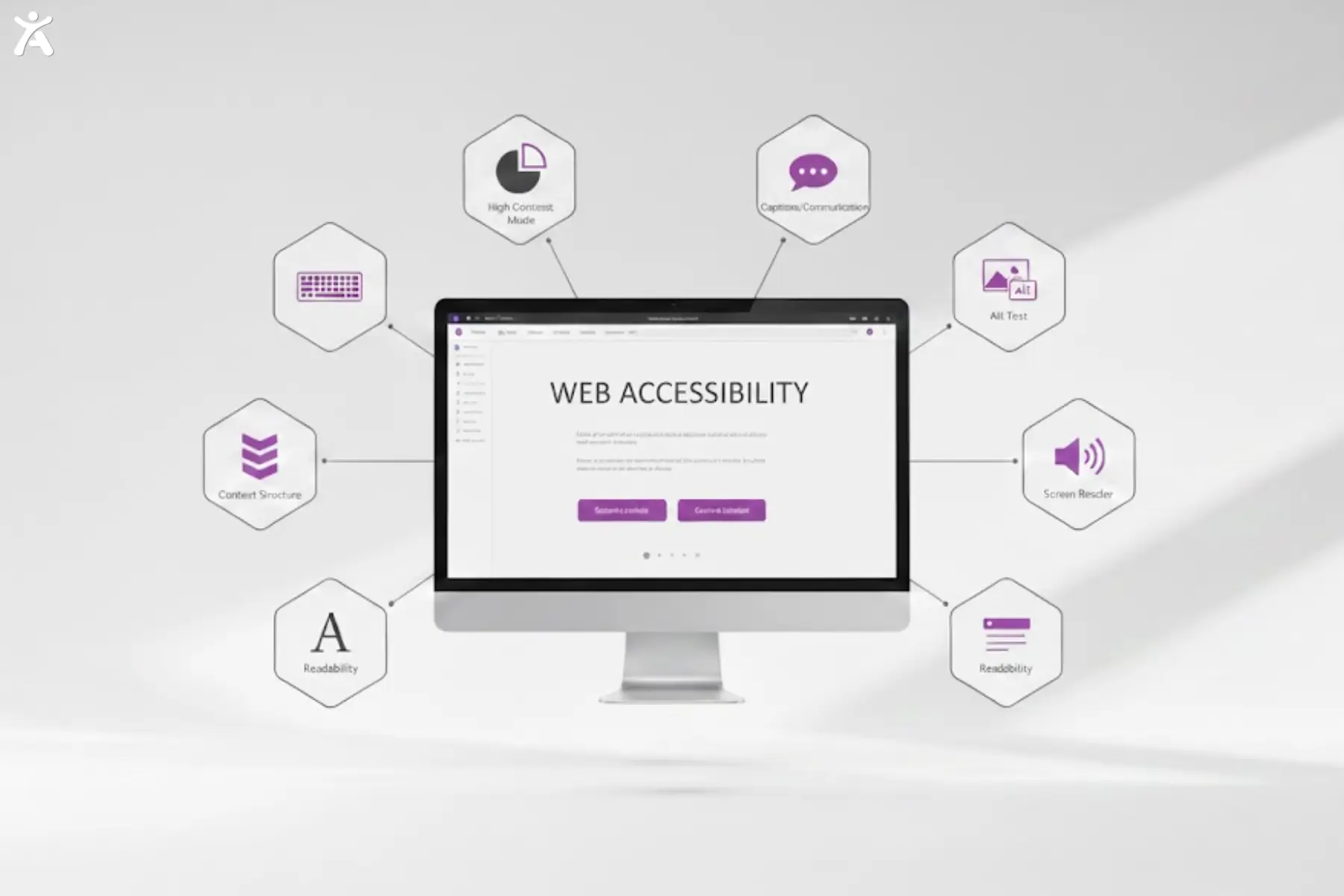 Central monitor displays a web accessibility interface surrounded by icons for captions, alt text, screen readers, readability, content structure, and high contrast mode, illustrating key features that support inclusive digital experiences across different user needs.