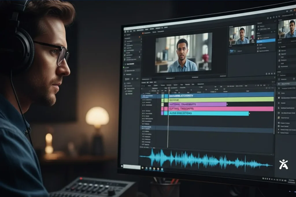 Person wearing headphones edits a video on a desktop timeline with audio waveforms, captions, and speaker footage visible, demonstrating how web accessibility is supported through captioning, transcript alignment, and accessible multimedia production workflows.
