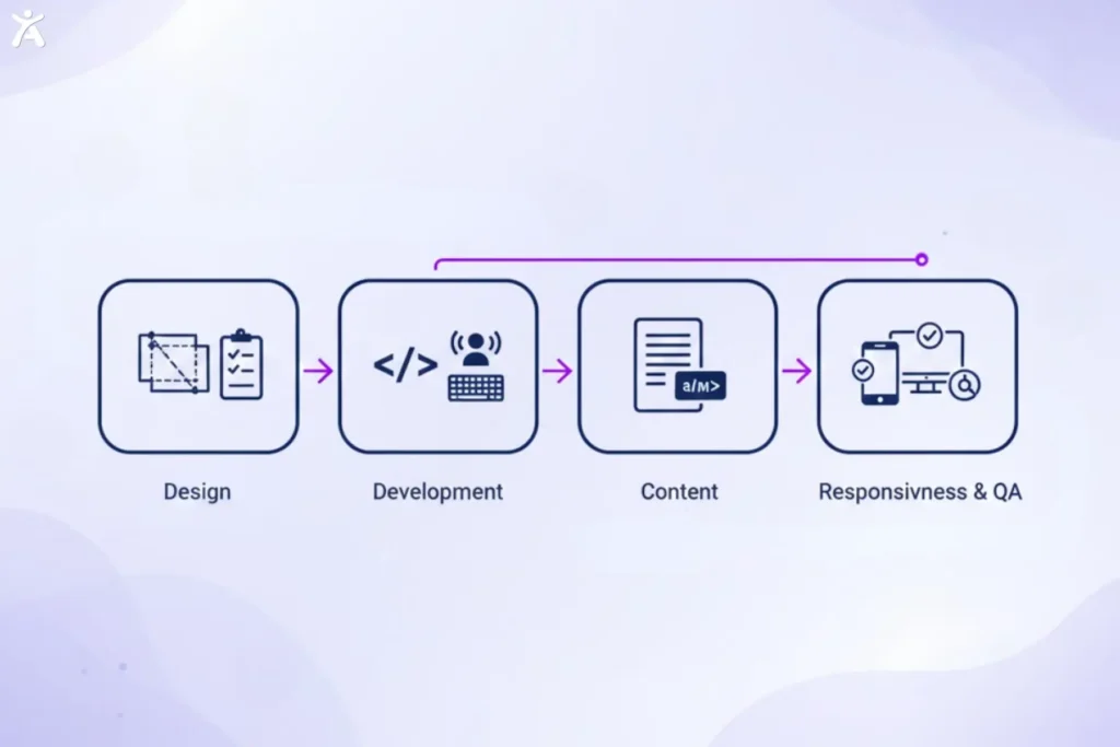 Four-step workflow diagram showing Design, Development, Content, and Responsiveness & QA, with icons for layouts, coding, text, and device testing connected by arrows to illustrate integrating web accessibility throughout the digital product lifecycle.