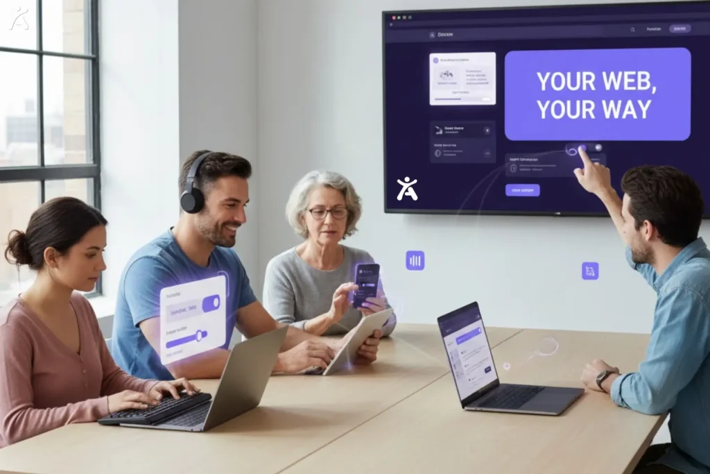 Four colleagues sit around a conference table using laptops and tablets while viewing a large screen that says “YOUR WEB, YOUR WAY,” collaborating on a digital interface focused on web accessibility and user customization controls.