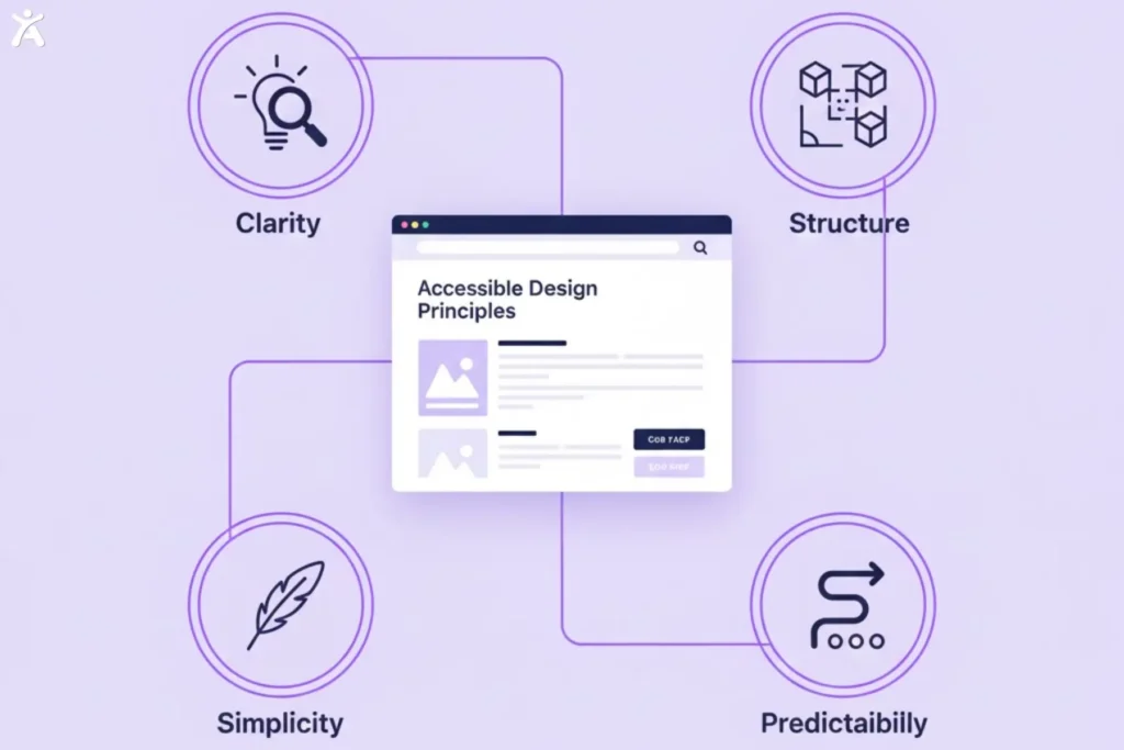 Diagram presents accessible design principles with a webpage layout connected to four concepts: clarity, structure, simplicity, and predictability, showing how web accessibility is achieved through clear content, organized layouts, minimal design, and consistent navigation.