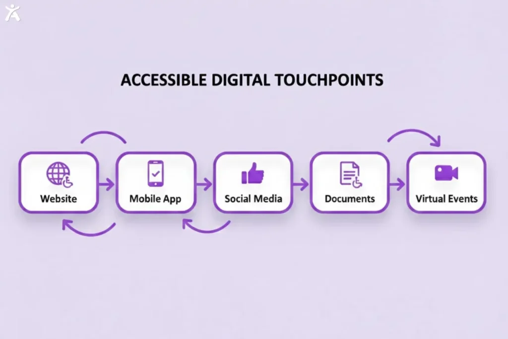 Infographic titled “Accessible Digital Touchpoints” showing connected icons for website, mobile app, social media, documents, and virtual events, emphasizing that digital accessibility should be maintained across every customer interaction.