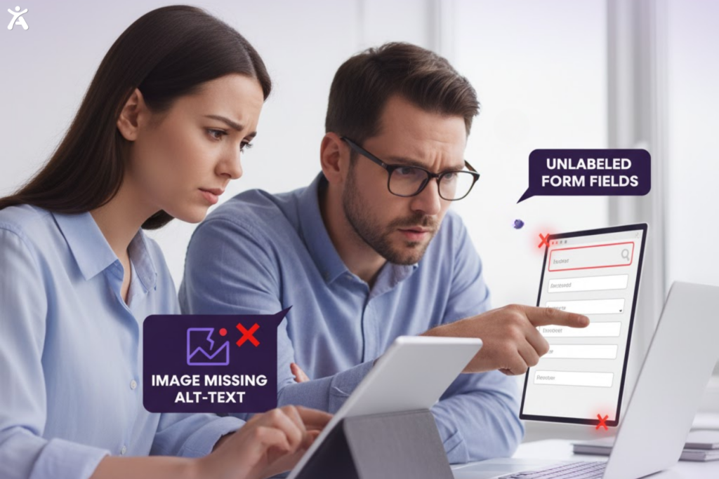 Two colleagues review a tablet and laptop while a floating screen shows a form with errors labeled “unlabeled form fields” and “image missing alt-text,” illustrating how poor design can create digital accessibility barriers.