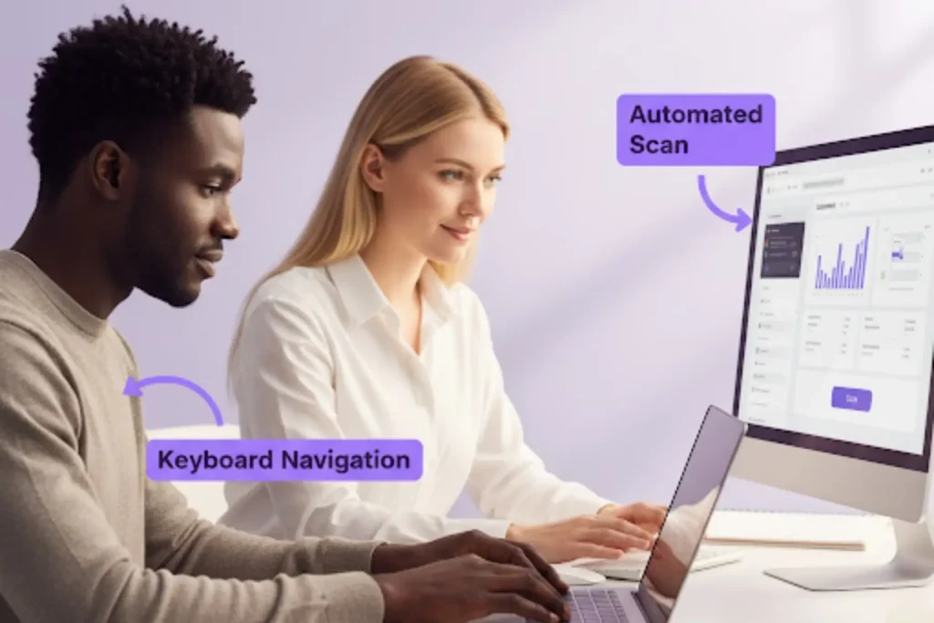 Two colleagues work side by side, one using keyboard navigation on a laptop while the other monitors an automated scan dashboard on a large screen, demonstrating how manual checks and tooling together improve digital accessibility.