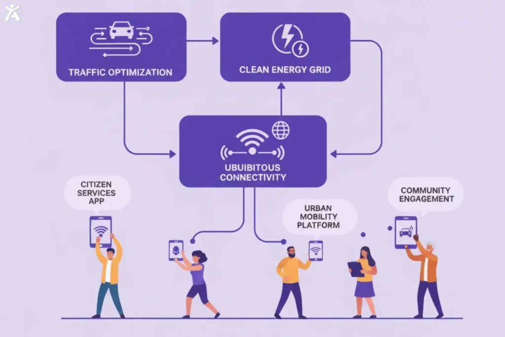 Illustration shows ubiquitous connectivity linking traffic optimization, clean energy, citizen services, urban mobility apps, and community engagement, with diverse people using smartphones and tablets to access them, highlighting how networks enable digital inclusion.