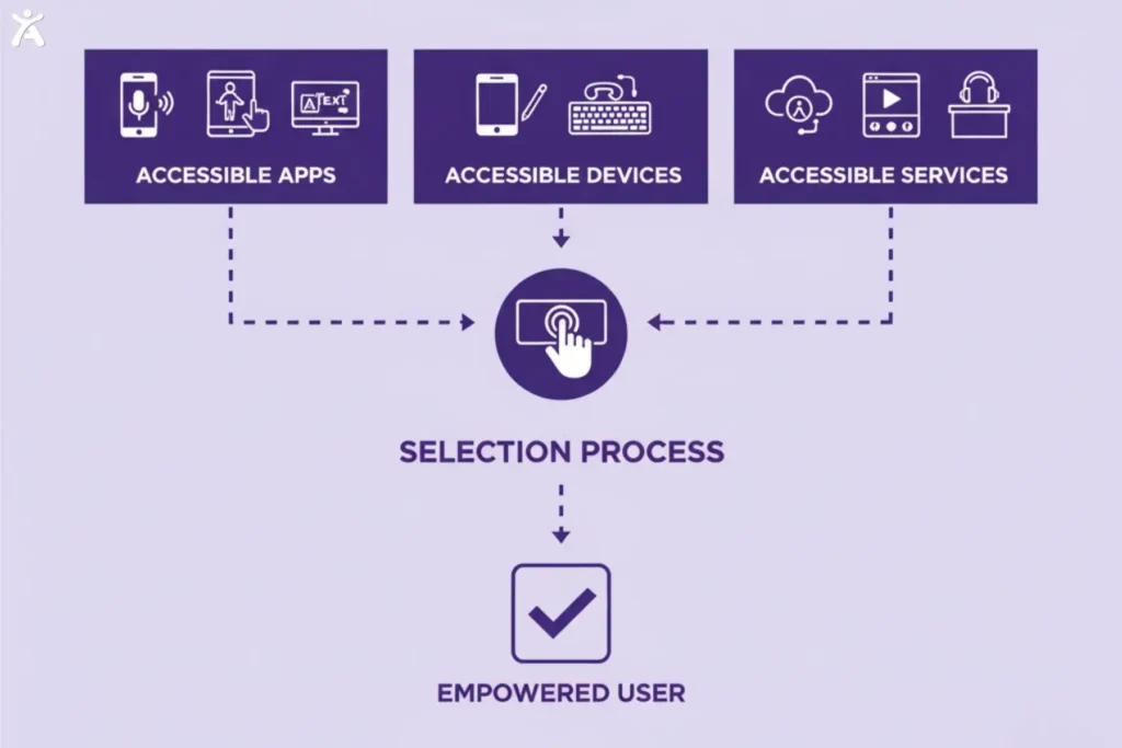 Diagram showing three boxes labeled Accessible Apps, Accessible Devices, and Accessible Services feeding into a central selection process, which leads to an empowered user checkmark, illustrating how thoughtful choices support digital inclusion.

