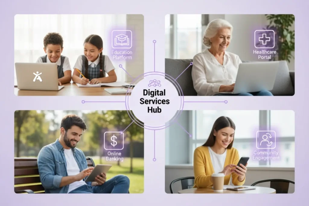 Collage showing children studying online, an older woman using a healthcare portal, a man doing online banking, and a woman engaging on her phone, all linked to a central “Digital Services Hub,” illustrating practical benefits of digital inclusion.