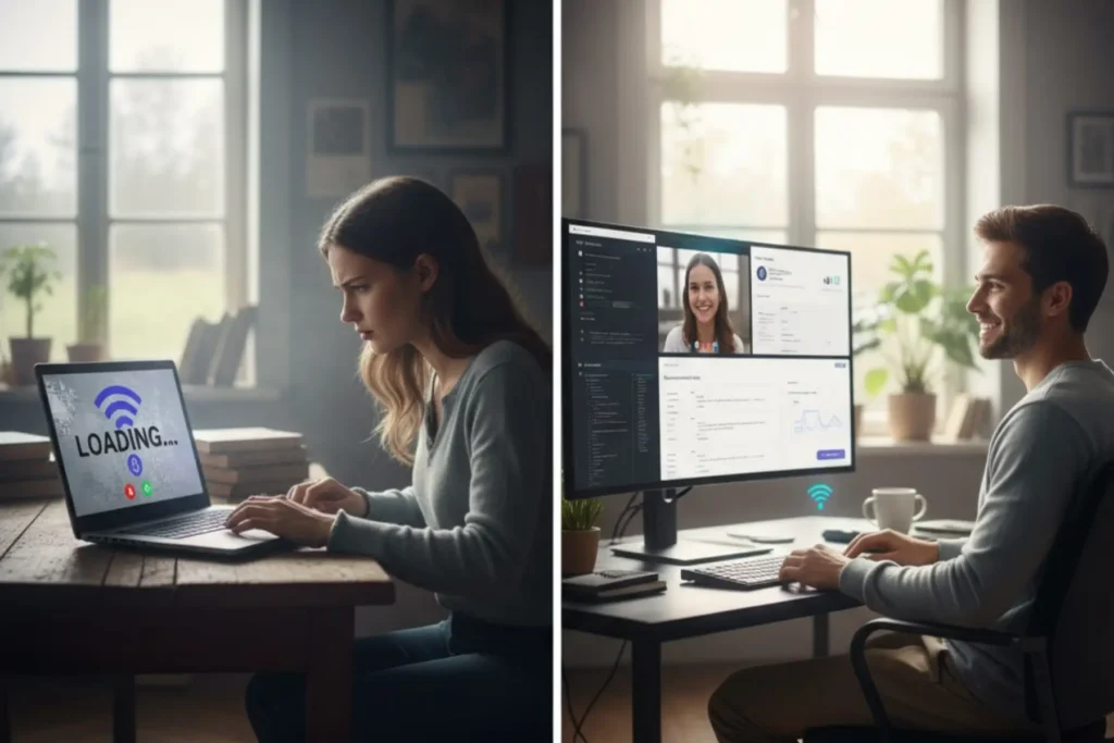 A split-screen image shows a woman at a wooden desk using a laptop with loading WiFi and lock icons, and a man at a desk with dual monitors displaying video calls and connectivity graphs, highlighting equality through access and collaboration.