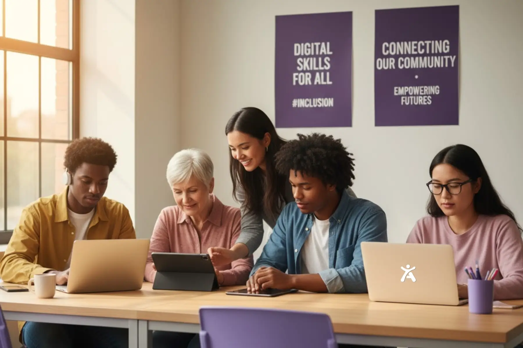 A diverse group of adults collaborate around laptops and a tablet at a sunlit table in a modern office. Posters reading “Digital Skills for All” and “Connecting Community, Empowering Futures” highlight digital equality through inclusive tech training.