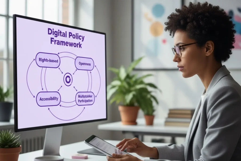 A professional woman with curly hair and glasses reviews a digital policy framework on a large monitor, showing interconnected elements like rights-based approach, openness, participation, and accessibility, advancing digital equality today.