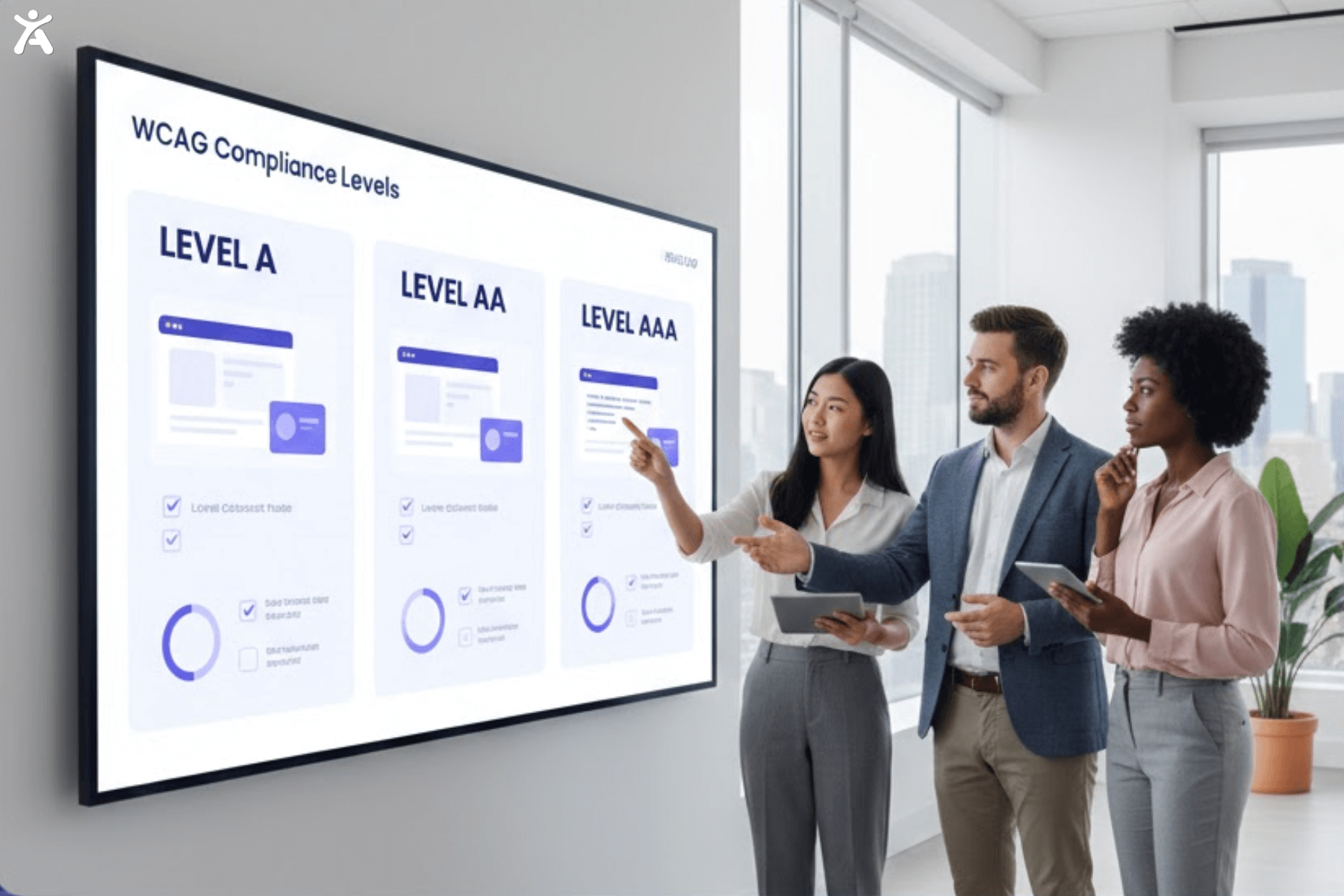 A group of three people (two women and one man) standing and pointing at a large screen showing "WCAG Compliance Levels" with different levels (A, AA, AAA) highlighted with checks and progress indicators.