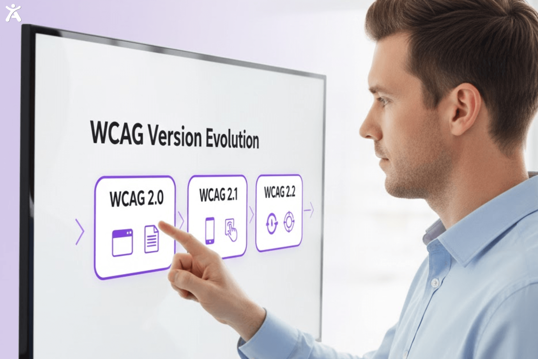 A man interacting with a digital screen displaying the "WCAG Version Evolution," showing the progression from WCAG 2.0 to 2.1 and 2.2.