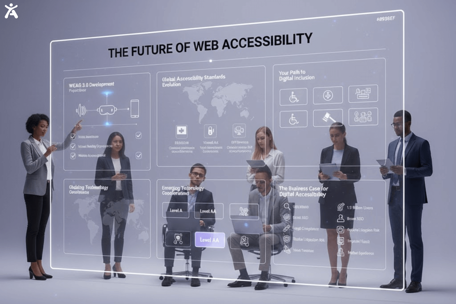 A futuristic office setting with a holographic display presenting "The Future of Web Accessibility." A team of diverse professionals stands around a transparent screen displaying various digital accessibility concepts and technologies.