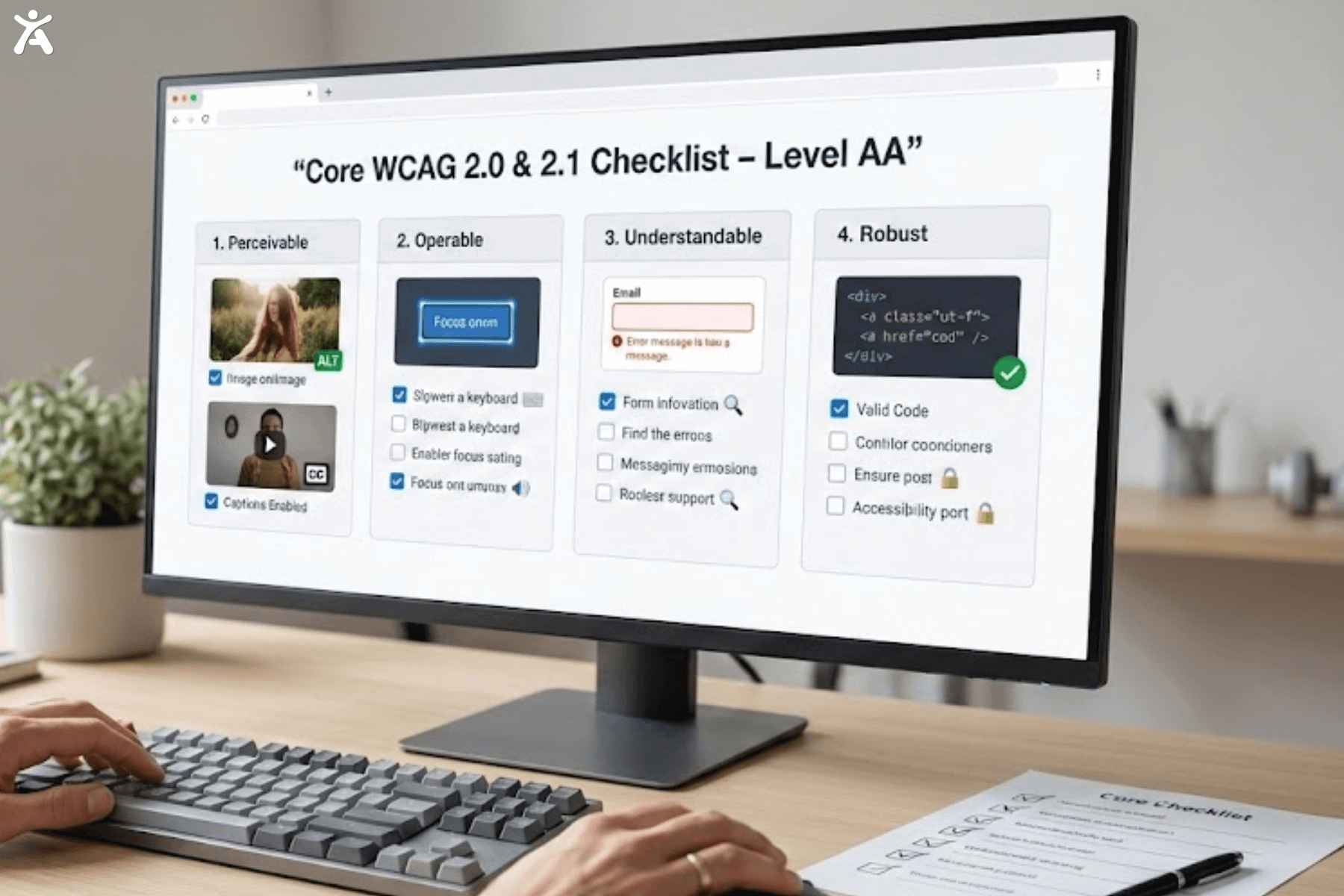 A close-up of a computer screen displaying a "Core WCAG 2.0 & 2.1 Checklist - Level AA." The checklist covers four key areas: Perceivable, Operable, Understandable, and Robust. Each section includes checkboxes for tasks like ensuring images have alt text, enabling captions on videos, providing keyboard navigability, and validating code for accessibility. A hand is seen on the keyboard, indicating active involvement in the accessibility evaluation process.
