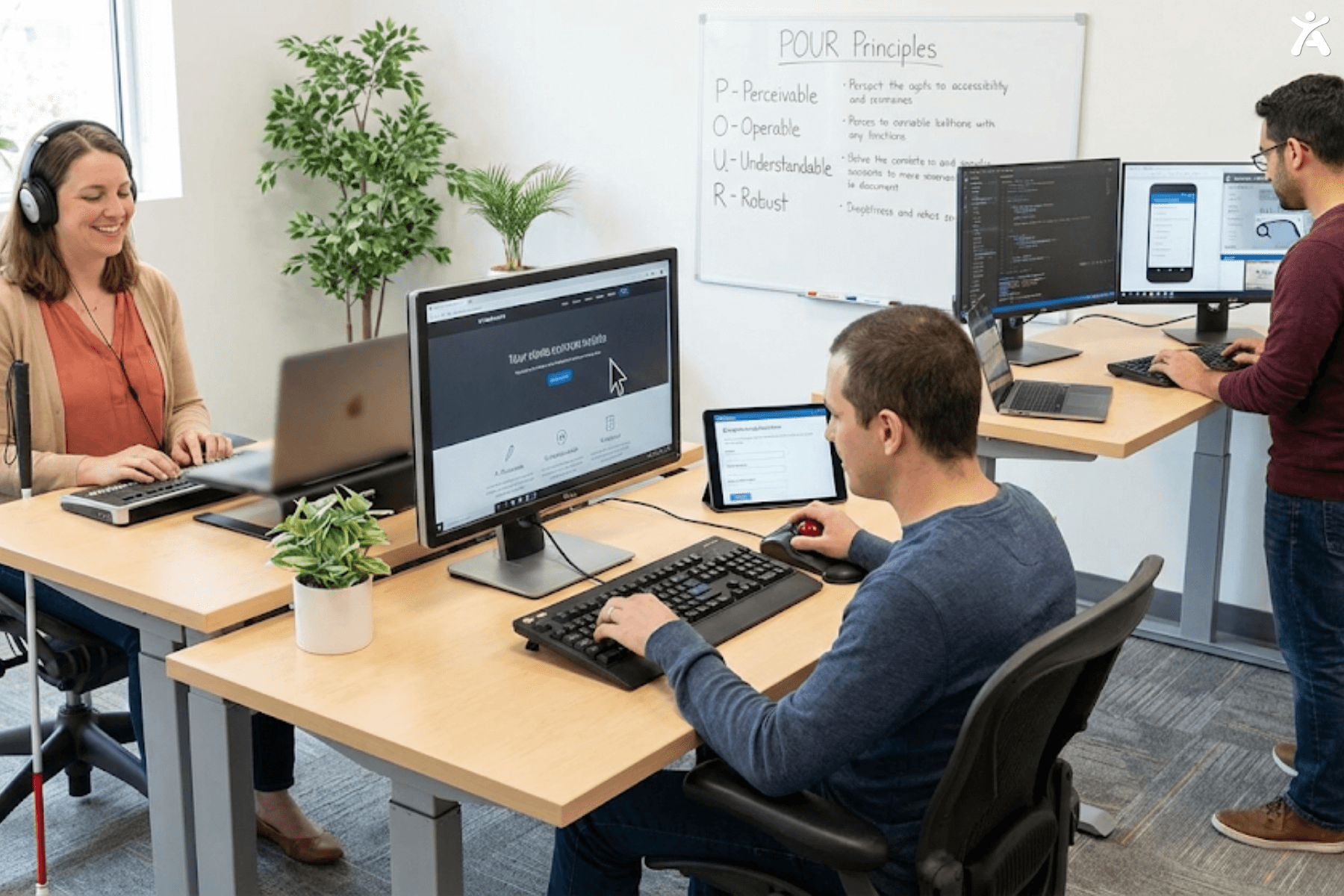 Three individuals working at desks with computers, focusing on accessibility. One person is wearing headphones, and another is typing at a desktop while a third looks at a mobile device, with a whiteboard in the background listing the POUR accessibility principles.