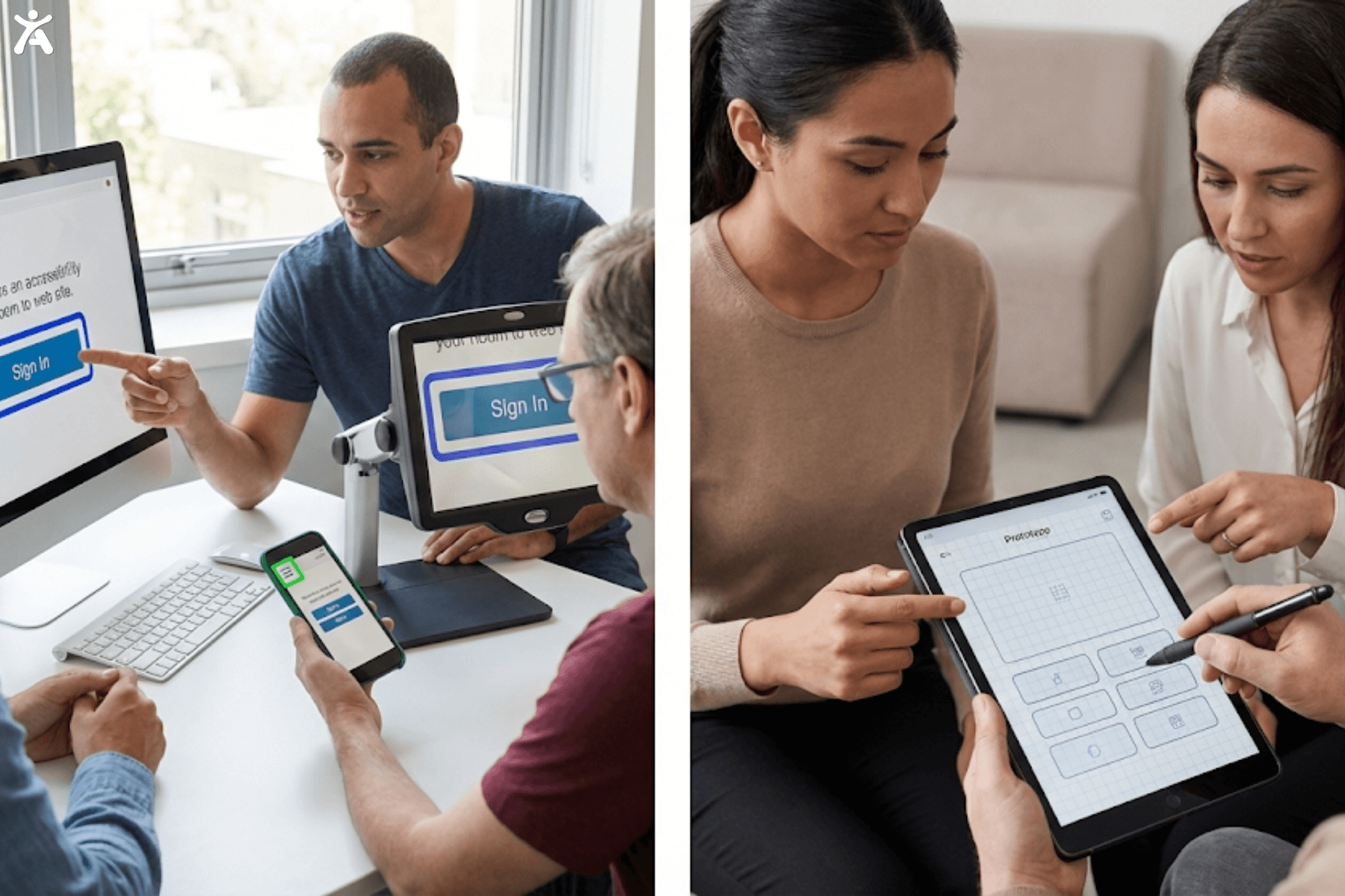 Two people at a meeting discussing website accessibility features, pointing at the screen displaying accessibility workflow processes, with one person taking notes and the other focused on the screen.