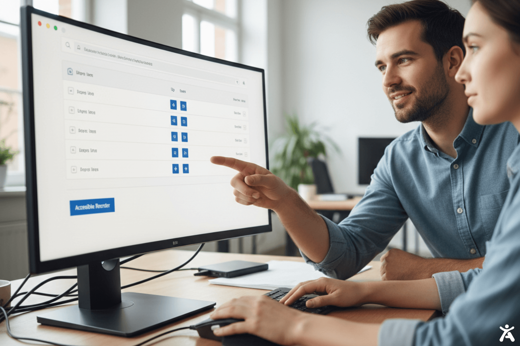 Two people pointing at a computer screen showing an accessibility-focused interface, discussing website accessibility options with a focus on user experience.