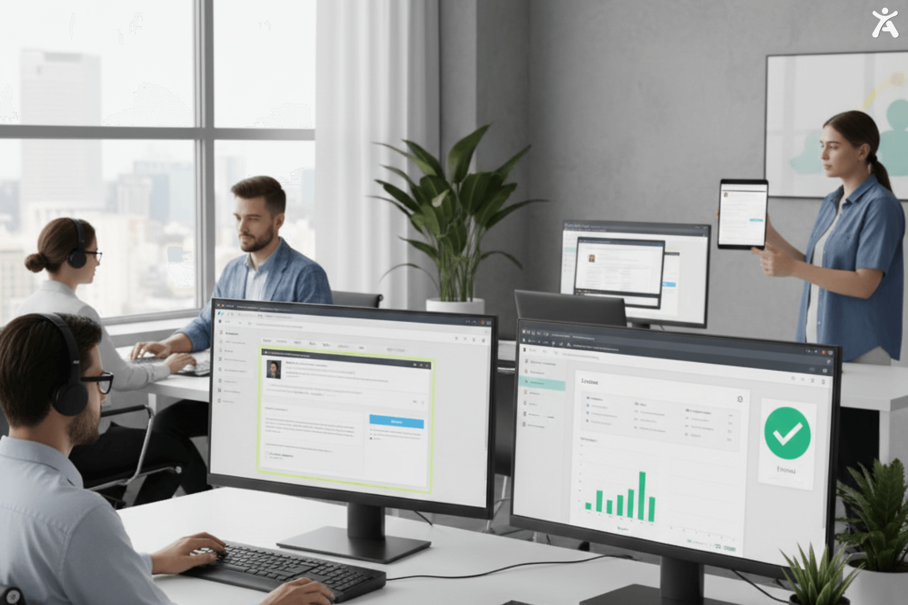 A team of professionals working together on accessibility tasks of wcag 2.0 quick reference, with one person presenting information on a tablet and others collaborating on their computers, reviewing data and discussing improvements.