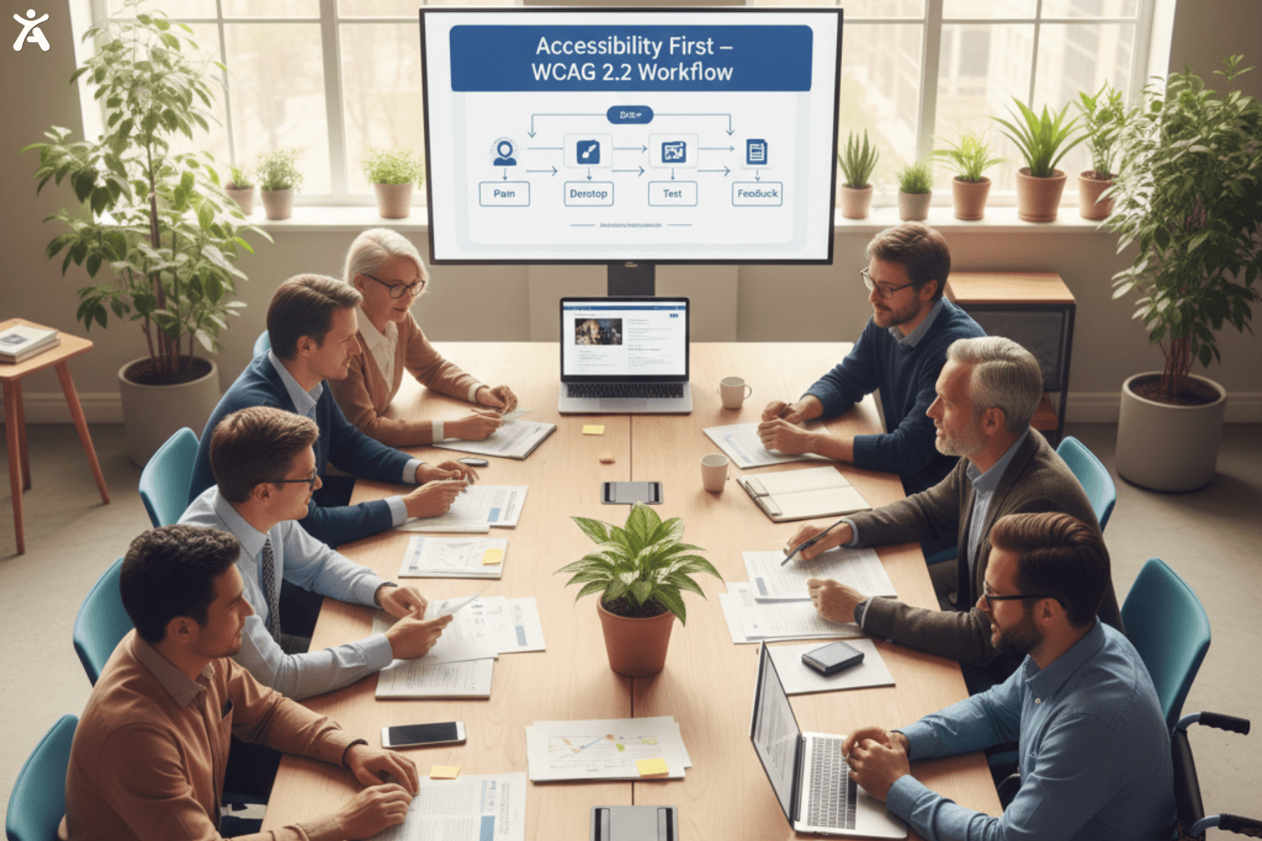 A group of individuals in an office, with some at desks working on monitors and others discussing on-screen data related to accessibility features for wcag 2.0 quick reference. One person is holding a tablet, displaying information related to their work.