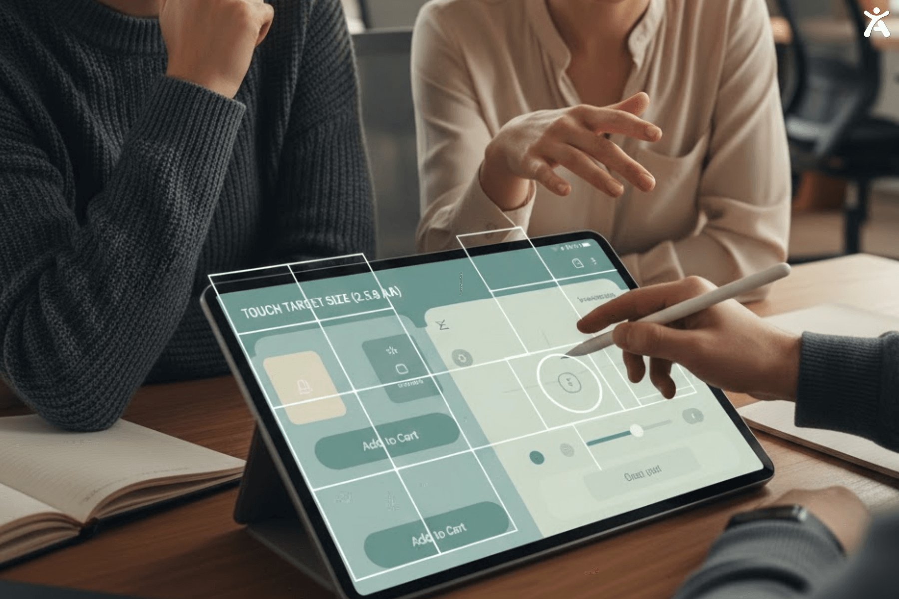 A group of professionals collaborating on a tablet, discussing the touch target size for an accessible interface. One person is pointing at the screen with a stylus while the others are engaged in the discussion, with a grid overlay on the screen showing key accessibility guidelines for button sizes.