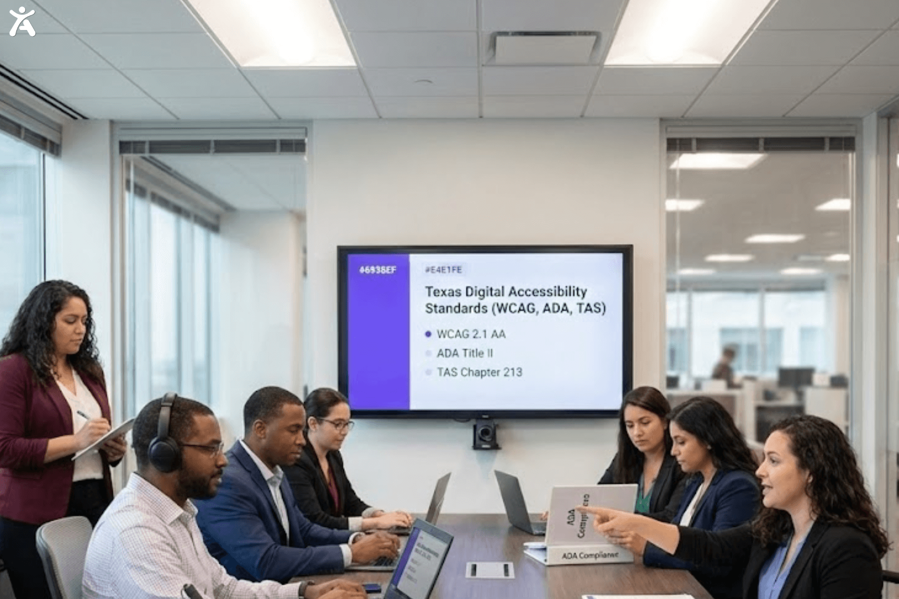 Team discussing Texas accessibility standards and WCAG compliance during an office meeting.