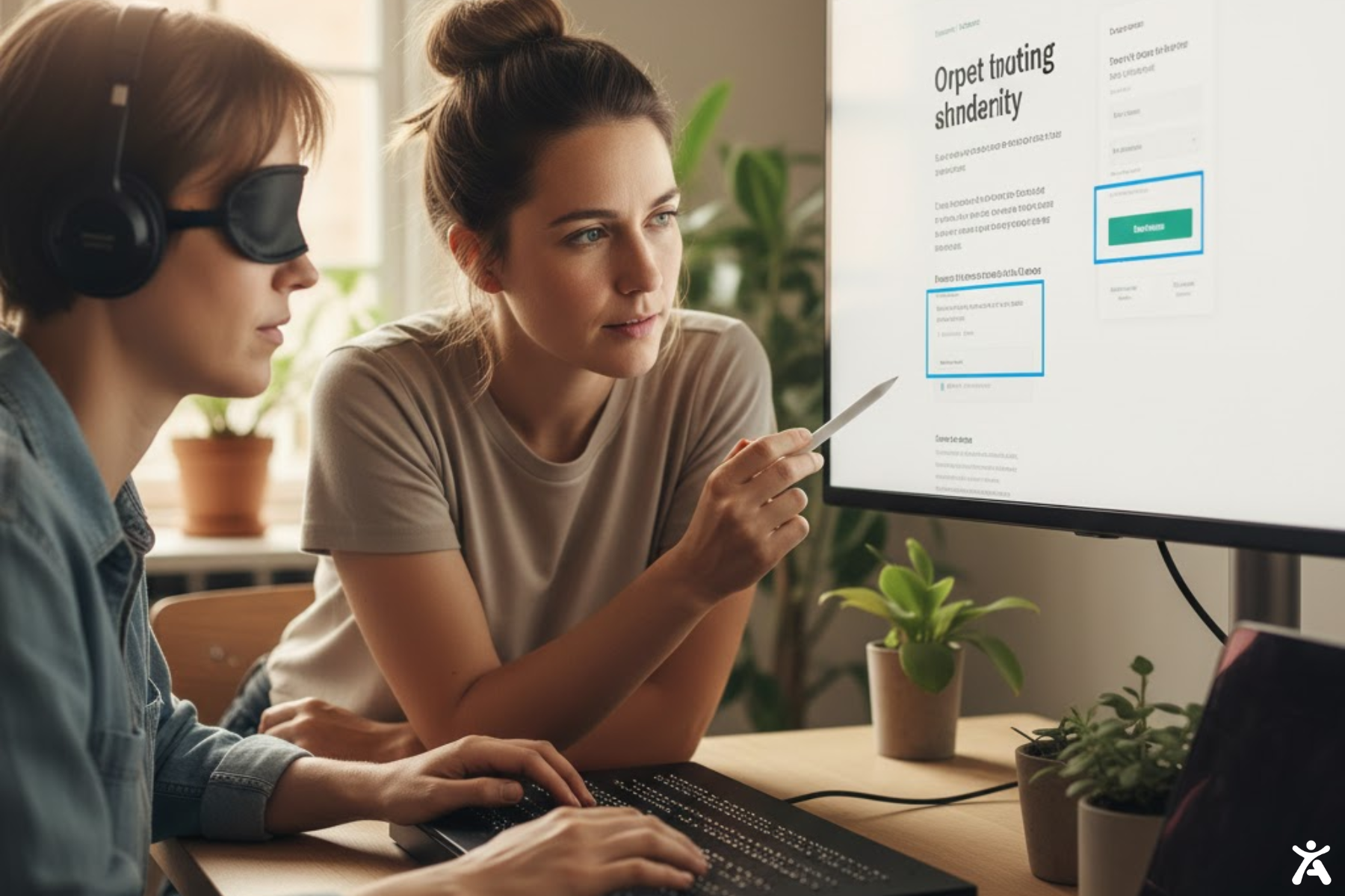 Designers reviewing accessible web forms to meet Texas accessibility standards on a large monitor.