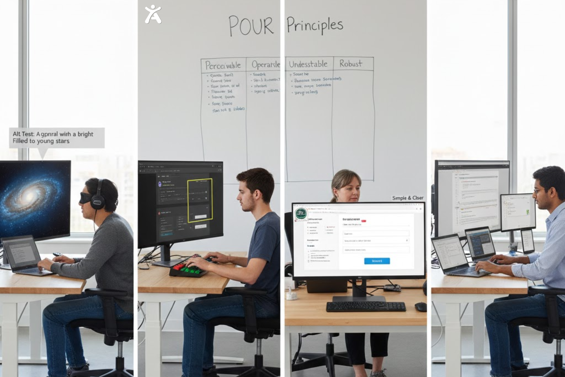 Accessibility testers validating digital platforms against Texas accessibility standards using adaptive tools.