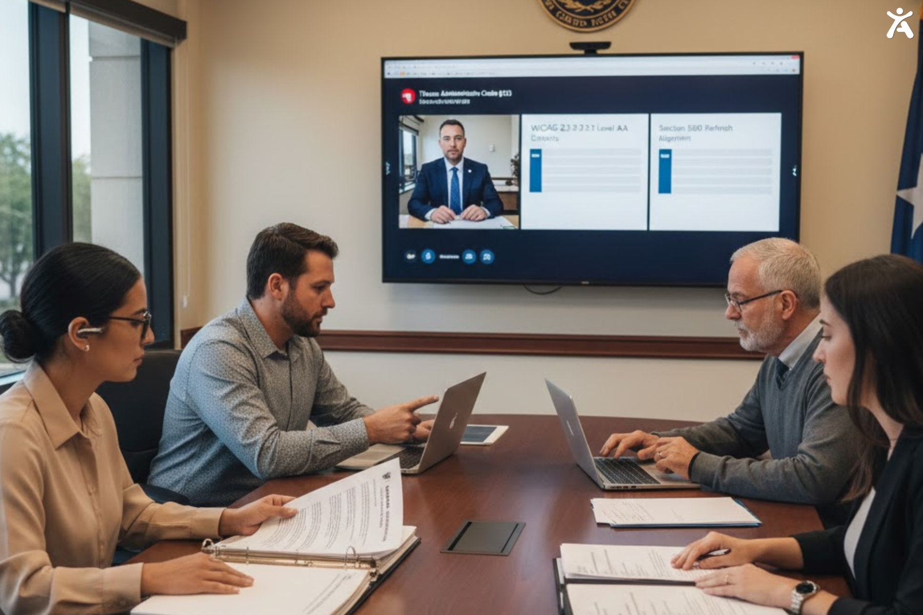 Team reviewing accessibility compliance during a hybrid meeting with a remote presenter on screen.