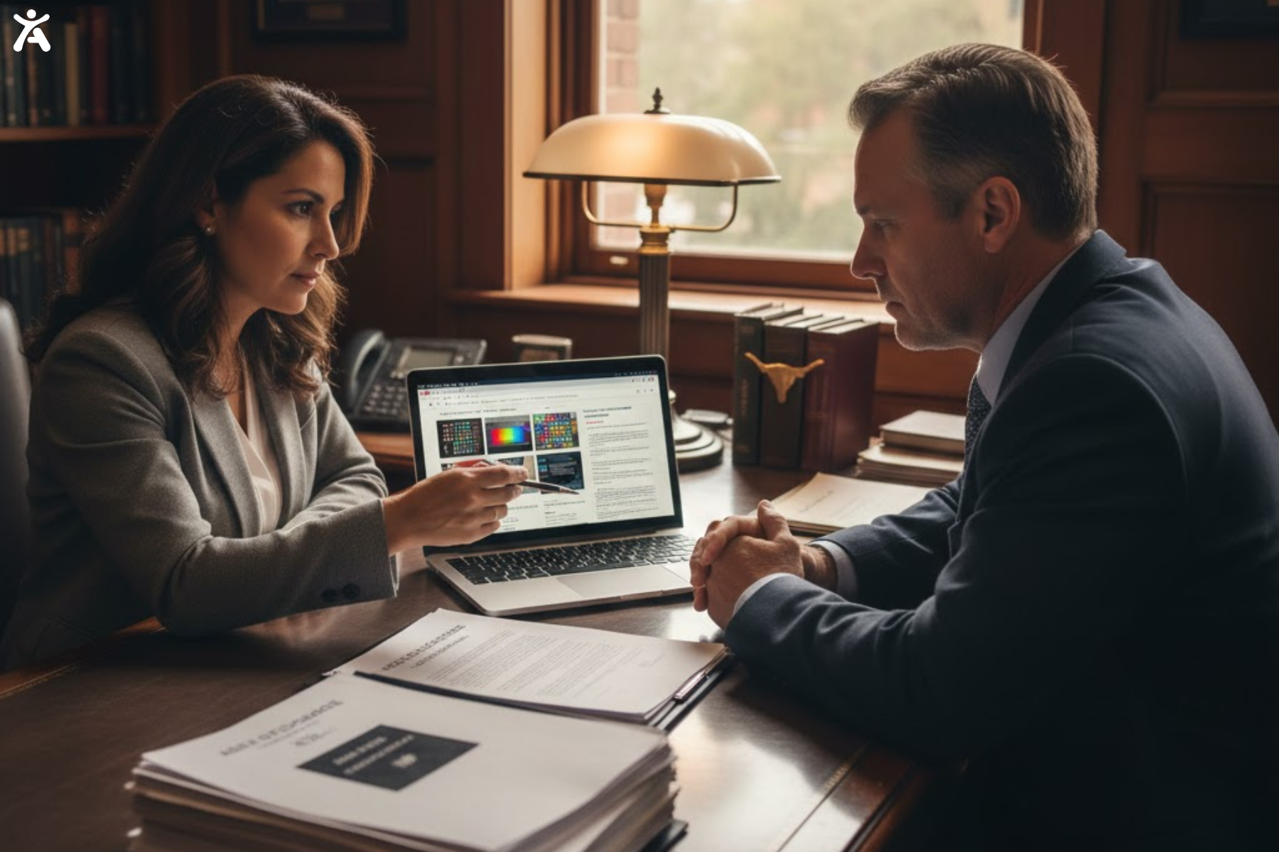 Professional consultation reviewing website accessibility guidelines on a laptop