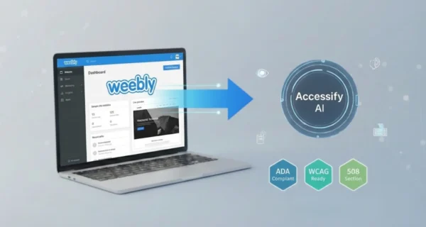 Laptop displaying Weebly dashboard integrating with Accessify AI to ensure websites are ADA Compliant, WCAG Ready, and Section 508 compatible.