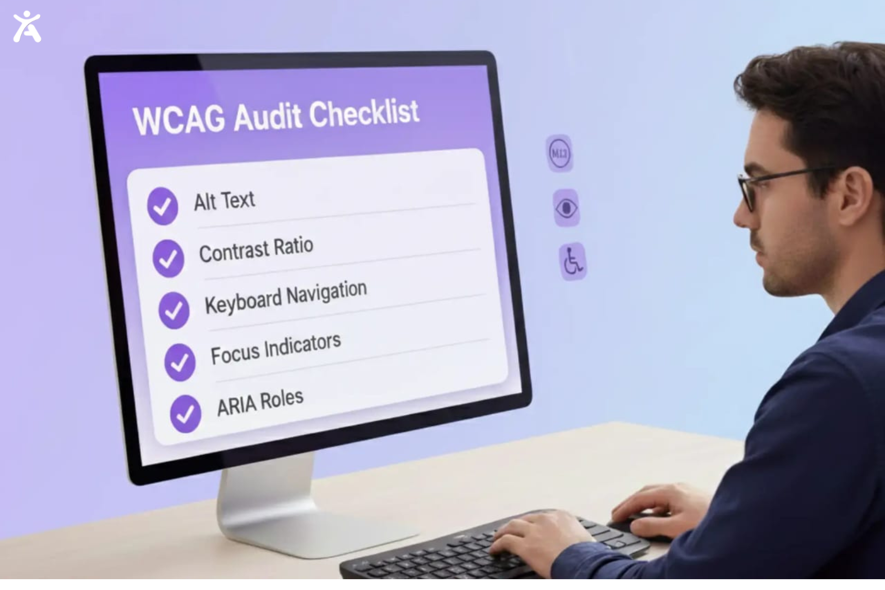 A designer reviewing website accessibility checklist on computer monitor showing completed items: Alt Text, Contrast Ratio, Keyboard Navigation, and Captions, with accessibility icons displayed on desk