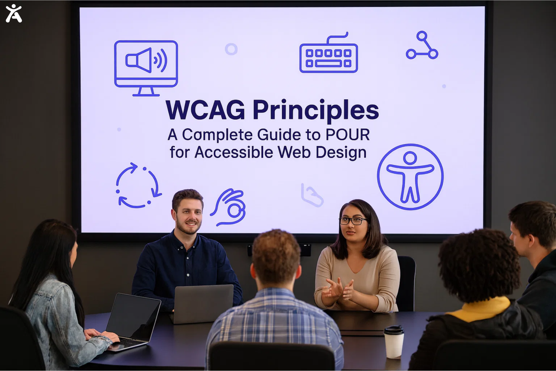 Group of five people in a meeting discussing WCAG principles for accessible web design. The screen shows a presentation titled 'WCAG Principles: A Complete Guide to POUR for Accessible Web Design.'