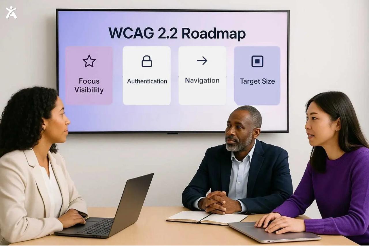 Three colleagues sit at a meeting table with laptops while a large screen behind them displays the “WCAG 2.2 Roadmap,” highlighting sections for Focus Visibility, Authentication, Navigation, and Target Size.