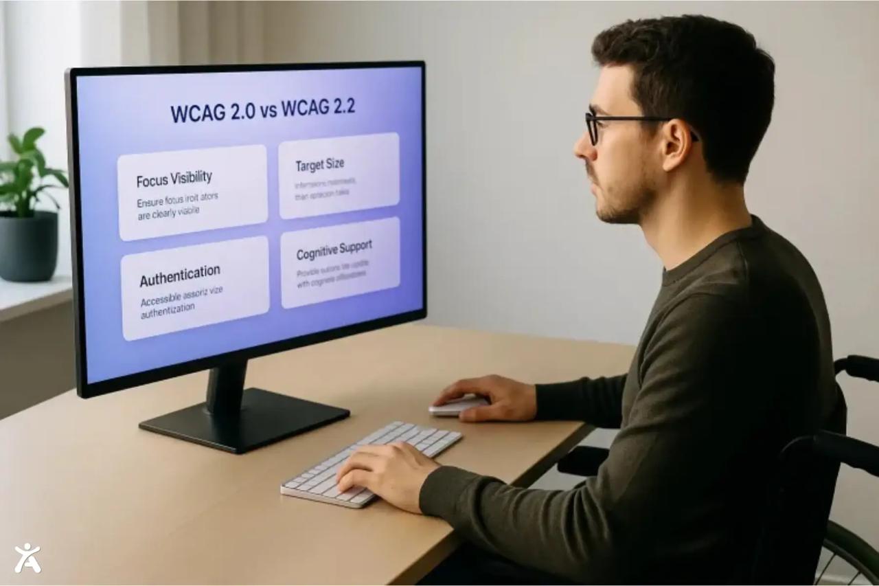 Man analyzing a WCAG 2.0 vs WCAG 2.2 comparison slide on a desktop monitor, reviewing what changed between versions including focus visibility, authentication, target size, and cognitive support.