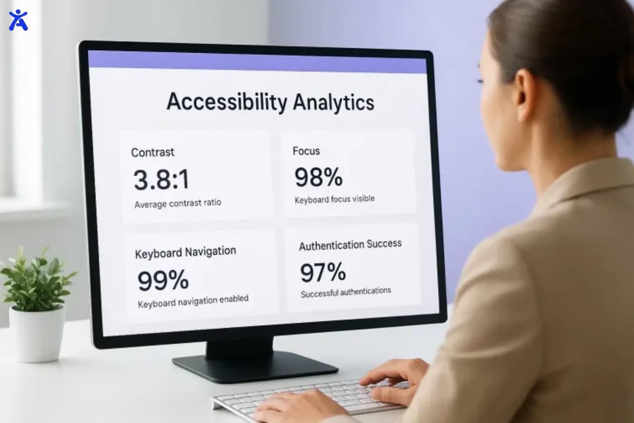 A woman reviewing an accessibility analytics dashboard on a desktop monitor that displays contrast ratios, focus visibility, keyboard navigation, and authentication success, highlighting what changed between versions of accessibility standards.