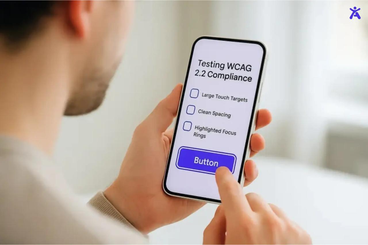 A person holding a smartphone while testing a mobile interface for WCAG 2.2 compliance, showing options like large touch targets, clean spacing, and highlighted focus rings, illustrating how digital products address mobile and cognitive needs.