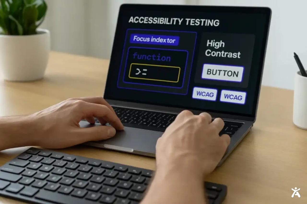 Developer reviewing WCAG 2.0 accessibility tests on a laptop screen, showing focus indicators, high-contrast settings, and button components during a web accessibility audit.